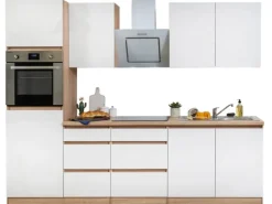 Respekta Küchenzeile ohne E-Geräte 270 cm Grifflos Weiß Hochglanz-Eiche Sägerau