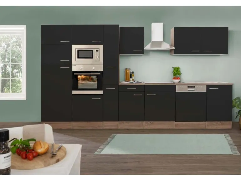 Respekta Küchenzeile ohne E-Geräte 370 cm Schwarz Seidengl.-Eiche York