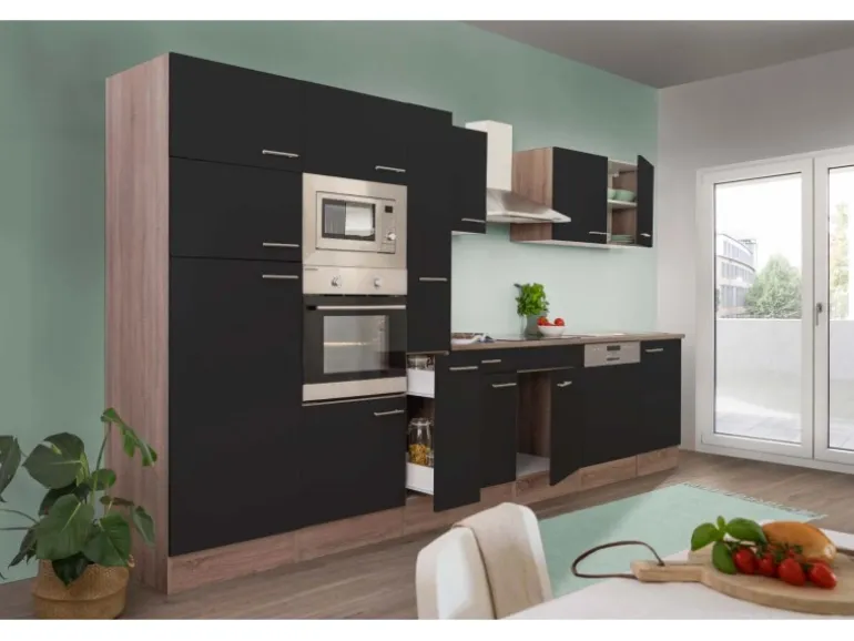 Respekta Küchenzeile ohne E-Geräte 370 cm Schwarz Seidengl.-Eiche York