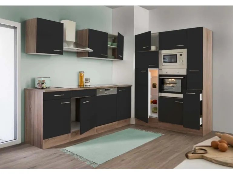 Respekta Küchenzeile ohne E-Geräte 370 cm Schwarz Seidengl.-Eiche York