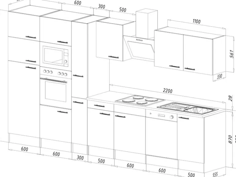 Respekta Küchenzeile ohne E-Geräte 370 cm Schwarz Seidengl.-Eiche York
