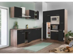 Respekta Küchenzeile ohne E-Geräte 360 cm Schwarz Seidengl.-Eiche York