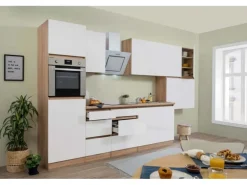 Respekta Küchenzeile ohne E-Geräte 370 cm Grifflos Weiß Matt-Eiche Sägerau