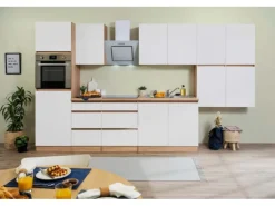 Respekta Küchenzeile ohne E-Geräte 370 cm Grifflos Weiß Matt-Eiche Sägerau