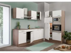 Respekta Küchenzeile ohne E-Geräte 330 cm Weiß Seidengl.-Eiche York