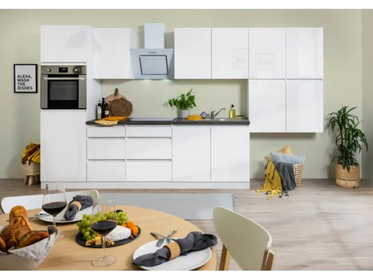 Respekta Küchenzeile ohne E-Geräte 370 cm Grifflos Weiß Hochglanz