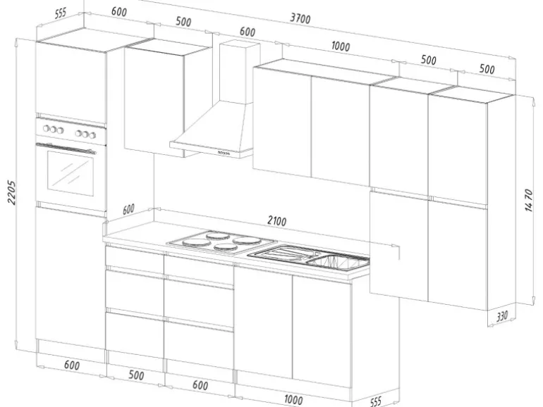 Respekta Küchenzeile ohne E-Geräte 370 cm Grifflos Weiß Hochglanz
