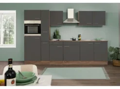 Respekta Küchenzeile ohne E-Geräte 300 cm Grau Seidengl.-Eiche York