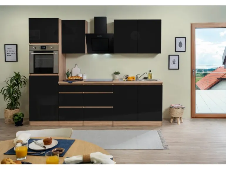 Respekta Küchenzeile ohne E-Geräte 270 cm Grifflos Schwarz Hochgl.-Eiche Sägerau