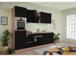 Respekta Küchenzeile ohne E-Geräte 270 cm Grifflos Schwarz Hochgl.-Eiche Sägerau