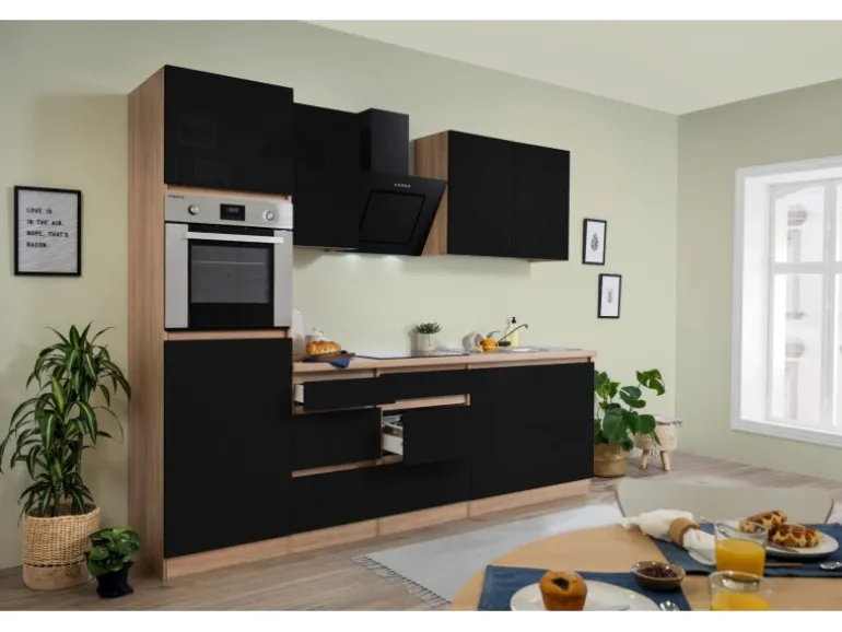 Respekta Küchenzeile ohne E-Geräte 270 cm Grifflos Schwarz Hochgl.-Eiche Sägerau