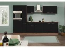 Respekta Küchenzeile ohne E-Geräte 300 cm Schwarz Seidengl.-Eiche York