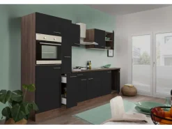 Respekta Küchenzeile ohne E-Geräte 300 cm Schwarz Seidengl.-Eiche York