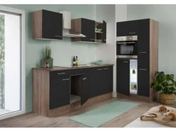 Respekta Küchenzeile ohne E-Geräte 300 cm Schwarz Seidengl.-Eiche York