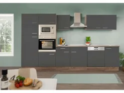 Respekta Küchenzeile ohne E-Geräte 340 cm Grau Seidengl.-Eiche York