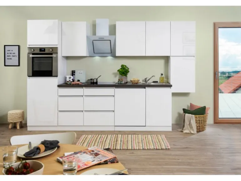 Respekta Küchenzeile ohne E-Geräte 330 cm Grifflos Weiß Hochglanz