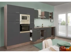 Respekta Küchenzeile ohne E-Geräte 360 cm Grau Seidengl.-Eiche York