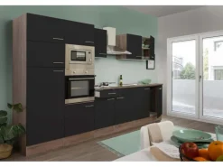 Respekta Küchenzeile ohne E-Geräte 330 cm Schwarz Seidengl.-Eiche York