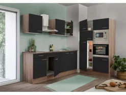 Respekta Küchenzeile ohne E-Geräte 330 cm Schwarz Seidengl.-Eiche York