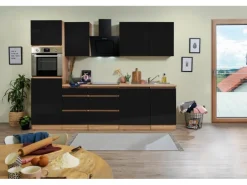 Respekta Küchenzeile ohne E-Geräte 280 cm Grifflos Schwarz Hochgl.-Eiche Sägerau