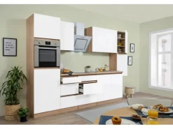 Respekta Küchenzeile ohne E-Geräte 320 cm Grifflos Weiß Matt-Eiche Sägerau