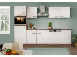 Respekta Küchenzeile ohne E-Geräte 280 cm Weiß Seidengl.-Eiche York