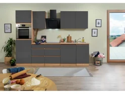 Respekta Küchenzeile ohne E-Geräte 280 cm Grifflos Grau Hochglanz-Eiche Sägerau