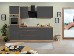 Respekta Küchenzeile ohne E-Geräte 270 cm Grifflos Grau Hochglanz-Eiche Sägerau