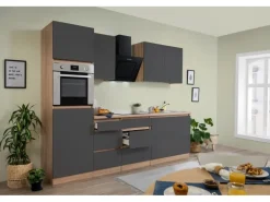 Respekta Küchenzeile ohne E-Geräte 270 cm Grifflos Grau Hochglanz-Eiche Sägerau