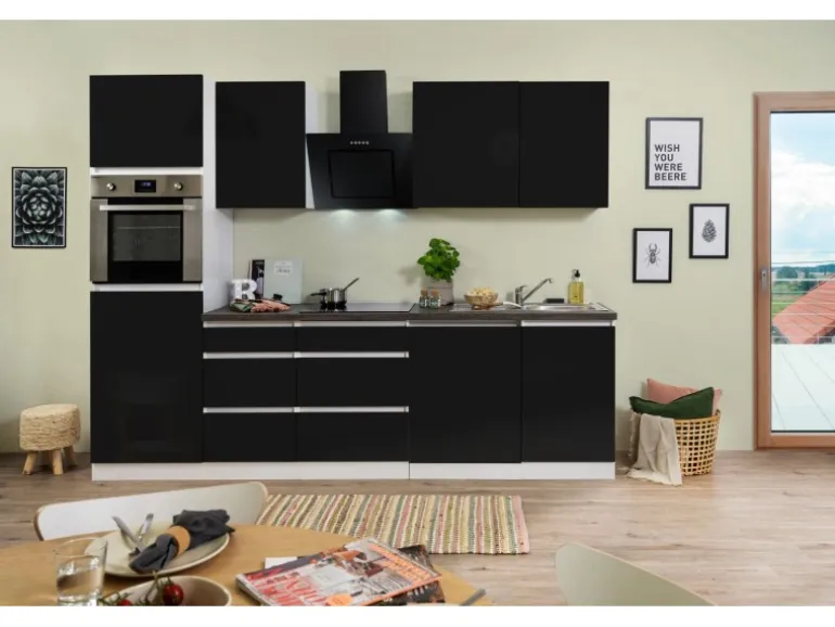 Respekta Küchenzeile ohne E-Geräte 280 cm Grifflos Schwarz Hochglanz-Weiß