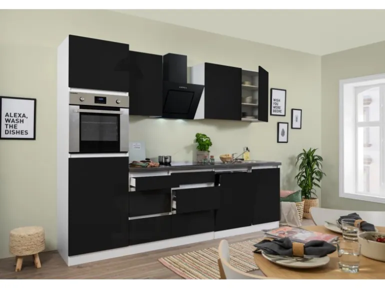 Respekta Küchenzeile ohne E-Geräte 280 cm Grifflos Schwarz Hochglanz-Weiß