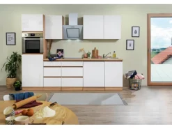 Respekta Küchenzeile ohne E-Geräte 280 cm Grifflos Weiß Hochglanz-Eiche Sägerau