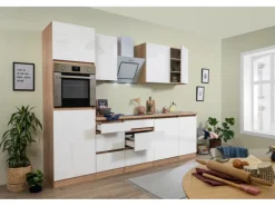 Respekta Küchenzeile ohne E-Geräte 280 cm Grifflos Weiß Hochglanz-Eiche Sägerau