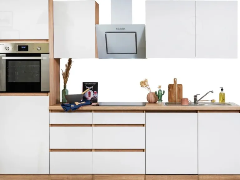 Respekta Küchenzeile ohne E-Geräte 280 cm Grifflos Weiß Hochglanz-Eiche Sägerau