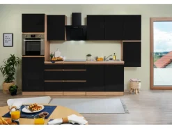 Respekta Küchenzeile ohne E-Geräte 320 cm Grifflos Schwarz Hochgl.-Eiche Sägerau