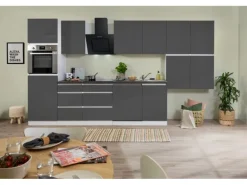 Respekta Küchenzeile ohne E-Geräte 380 cm Grifflos Grau Hochglanz-Weiß