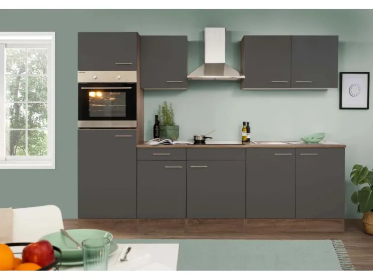 Respekta Küchenzeile ohne E-Geräte 270 cm Grau Seidengl.-Eiche York