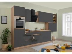 Respekta Küchenzeile ohne E-Geräte 370 cm Grifflos Grau Hochglanz-Eiche Sägerau