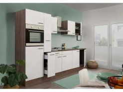 Respekta Küchenzeile ohne E-Geräte 300 cm Weiß Seidengl.-Eiche York