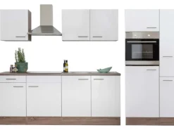 Respekta Küchenzeile ohne E-Geräte 300 cm Weiß Seidengl.-Eiche York