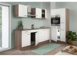 Respekta Küchenzeile ohne E-Geräte 300 cm Weiß Seidengl.-Eiche York