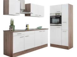 Respekta Küchenzeile ohne E-Geräte 300 cm Weiß Seidengl.-Eiche York