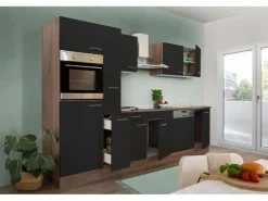 Respekta Küchenzeile ohne E-Geräte 310 cm Schwarz Seidengl.-Eiche York