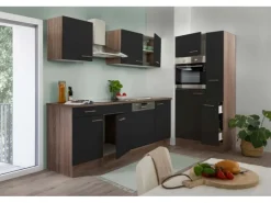 Respekta Küchenzeile ohne E-Geräte 310 cm Schwarz Seidengl.-Eiche York