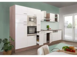 Respekta Küchenzeile ohne E-Geräte 370 cm Weiß Seidengl.-Eiche York