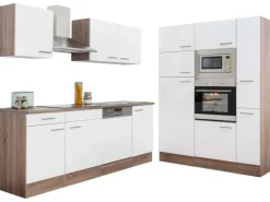 Respekta Küchenzeile ohne E-Geräte 370 cm Weiß Seidengl.-Eiche York