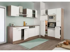 Respekta Küchenzeile ohne E-Geräte 370 cm Weiß Seidengl.-Eiche York