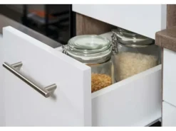 Respekta Küchenzeile ohne E-Geräte 370 cm Weiß Seidengl.-Eiche York