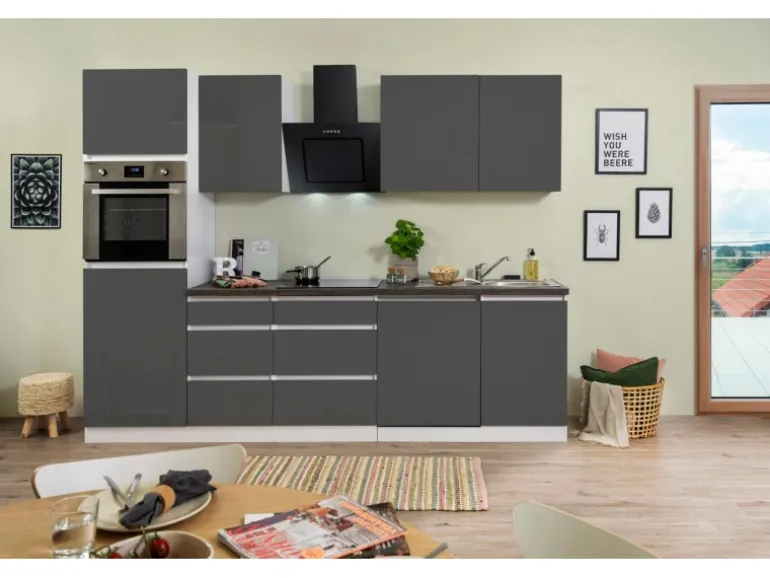 Respekta Küchenzeile ohne E-Geräte 280 cm Grifflos Grau Hochglanz-Weiß