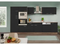 Respekta Küchenzeile ohne E-Geräte 340 cm Schwarz Seidengl.-Eiche York